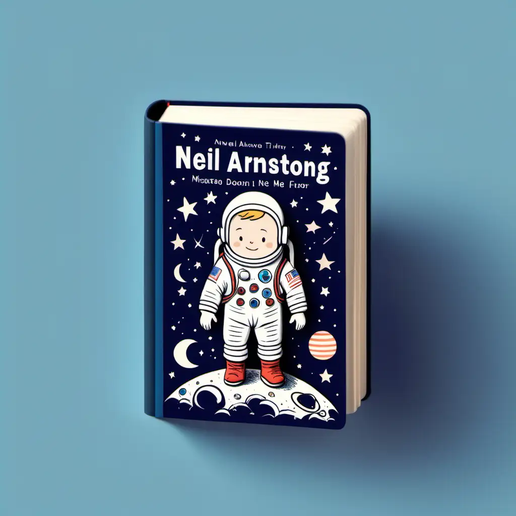 create a miniature, tiny book with a cute illustration of a cute Neil Armstrong on the cover