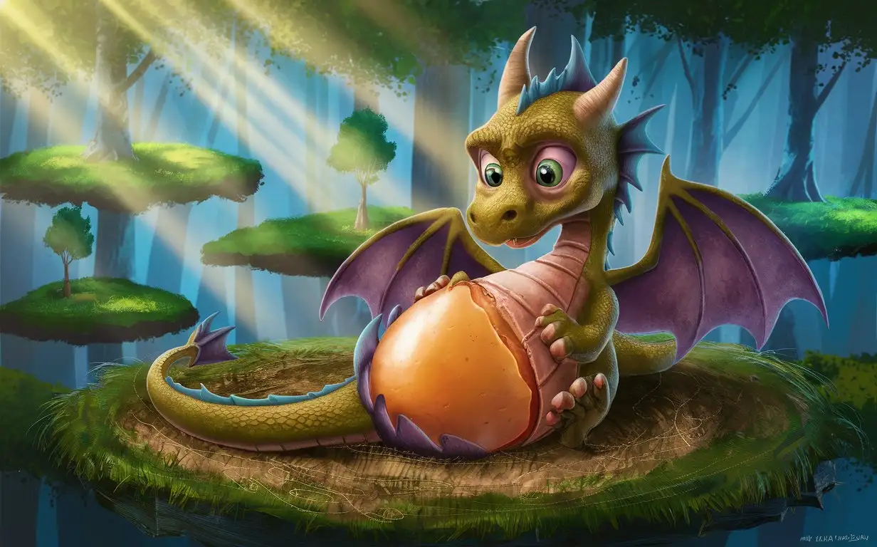 young magical dragon nesting and laying enchanted dragon eggs one dragon egg halfway out of her butt she looks nervous and embarrassed as she strains to push it out in a forest, butt sideways head facing camera with egg halfway out, all islands at different elevations, hd, fantasy lighting, day, nervous/embarrassed, suspenseful, realistic.