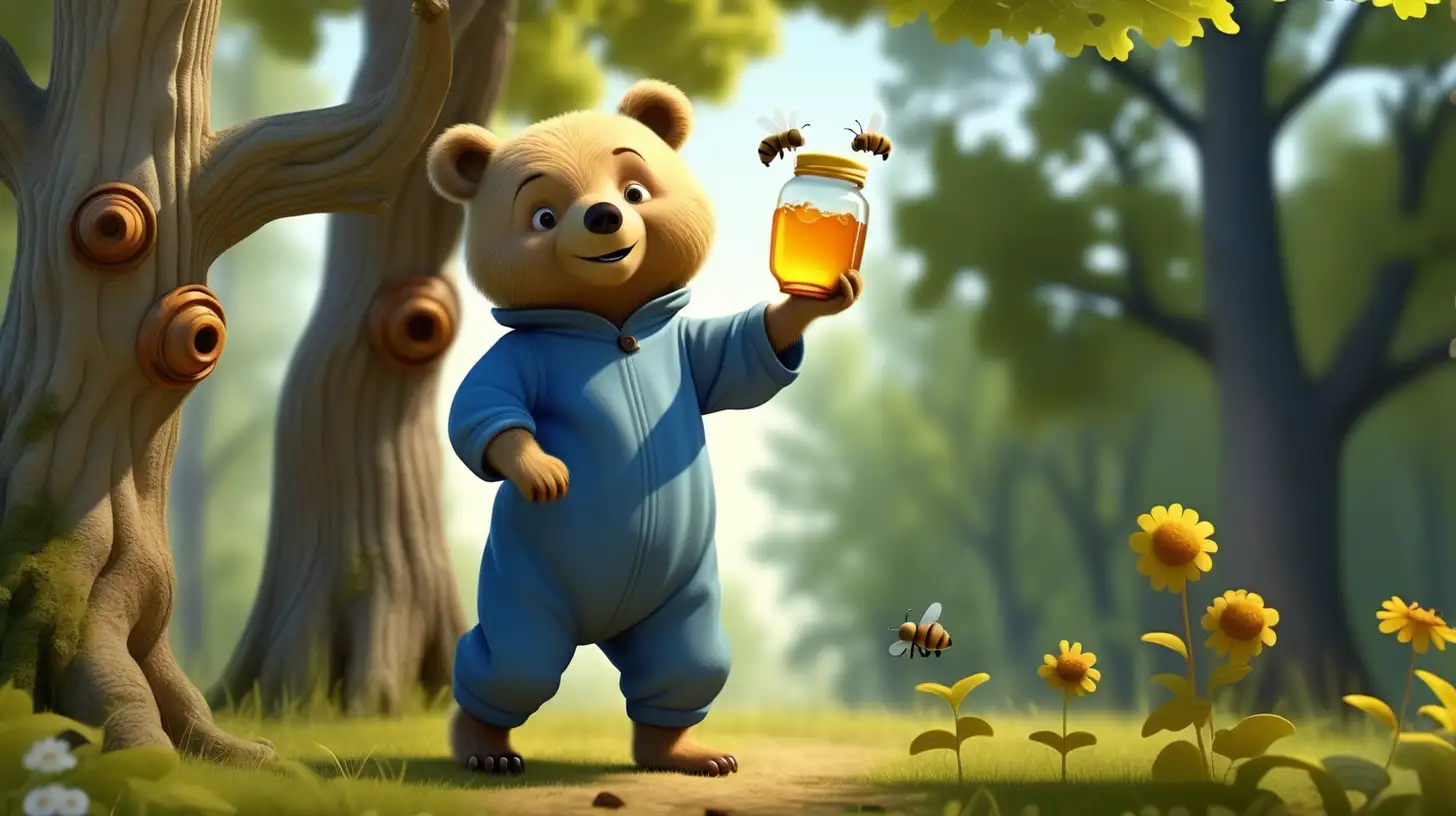 В  этом летнем  лесу  под огромным дубом  с пчелиным улеем стоит на двух ногах маленький медвежонок в синем комбинезоне  и подняв правую лапу просит меда