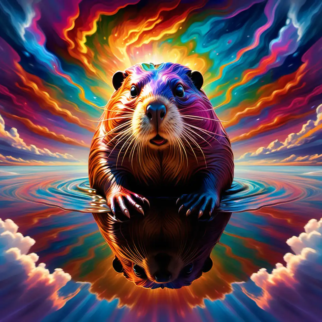 Imagine a breathtaking scene where a vibrant, multi-hued beaver's head emerges from a canvas of swirling, iridescent clouds. The beaver's head facing forward form is vividly painted with a palette of vibrant colors, emanating an aura of raw power and strength amidst the ever-shifting, kaleidoscopic clouds that surround it. Capture the essence of this majestic creature as it stands as a symbol of primal force and beauty within the mesmerizing, colorful expanse of the sky.
