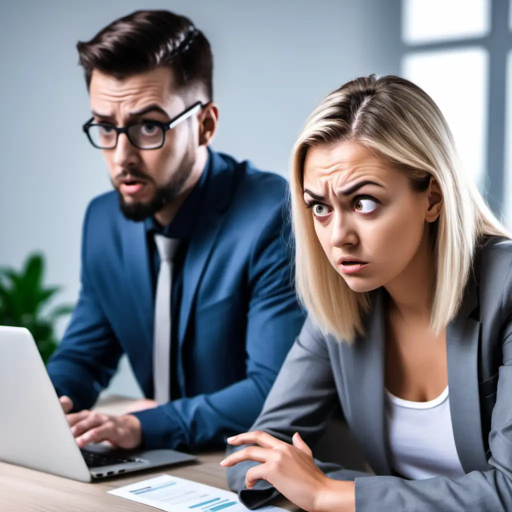 a woman and a man who work in digital marketing, clearly looking annoyed as they learn their email campaigns have landed in the spam folder