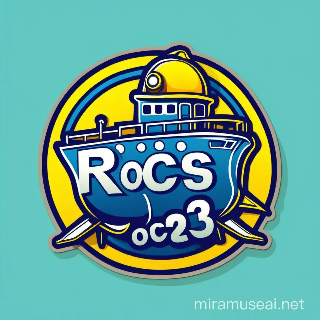 Sticker Logo. Colors Blue and yellow. Ship and transport airplane. Freight Containers. Text is "ROCS 3". Stylized Design, flat style. Light blue octopus with yellow hard hat