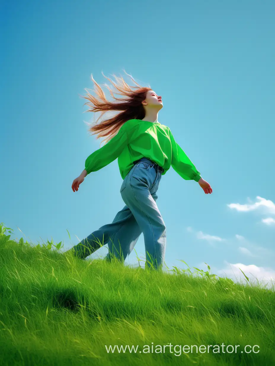 весна. яркая зелень  листвы и травы. голубое небо. девушка 18 лет стоит на высоком холме. смотрит вдаль. у нее от ветра развиваются волосы и одежда