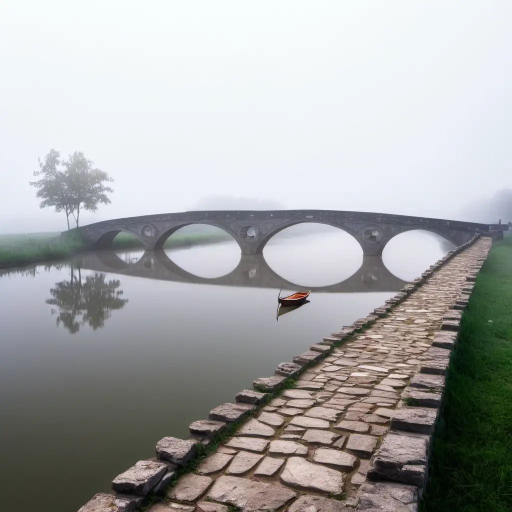 Misty River Scene with Stone Bridge and Boat