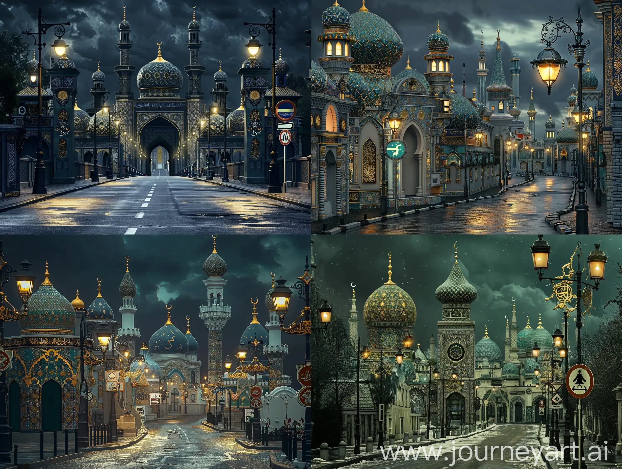 A road of Paris, full of Islamic architectures having persian tile and golden ornaments, arabian lamps street lights, porcelain traffic signs and porcelain direction signs, beautiful mosques, dark weather --ar 4:3