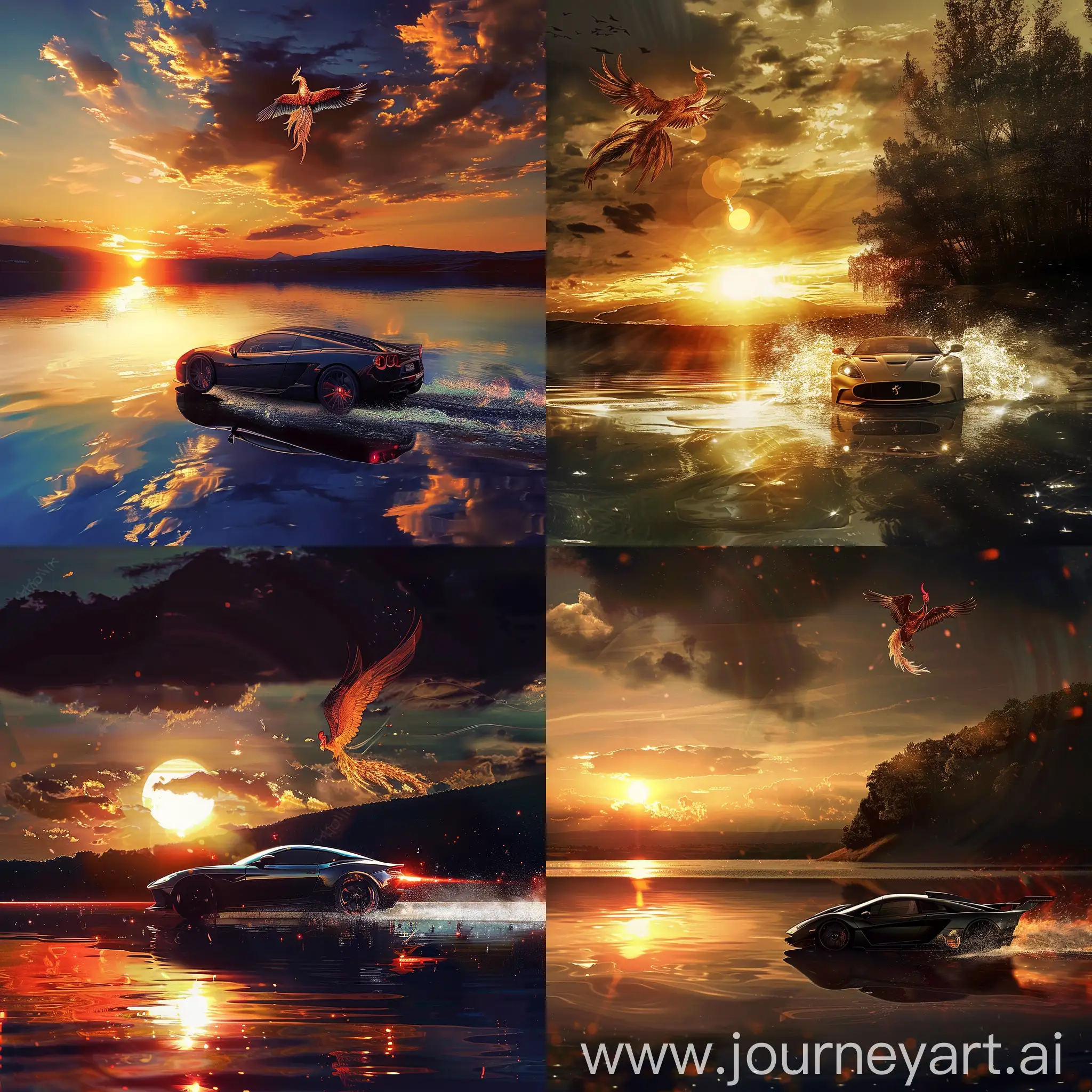 Speeding-Sports-Car-Races-Across-Sunset-Lake-with-Hovering-Phoenix