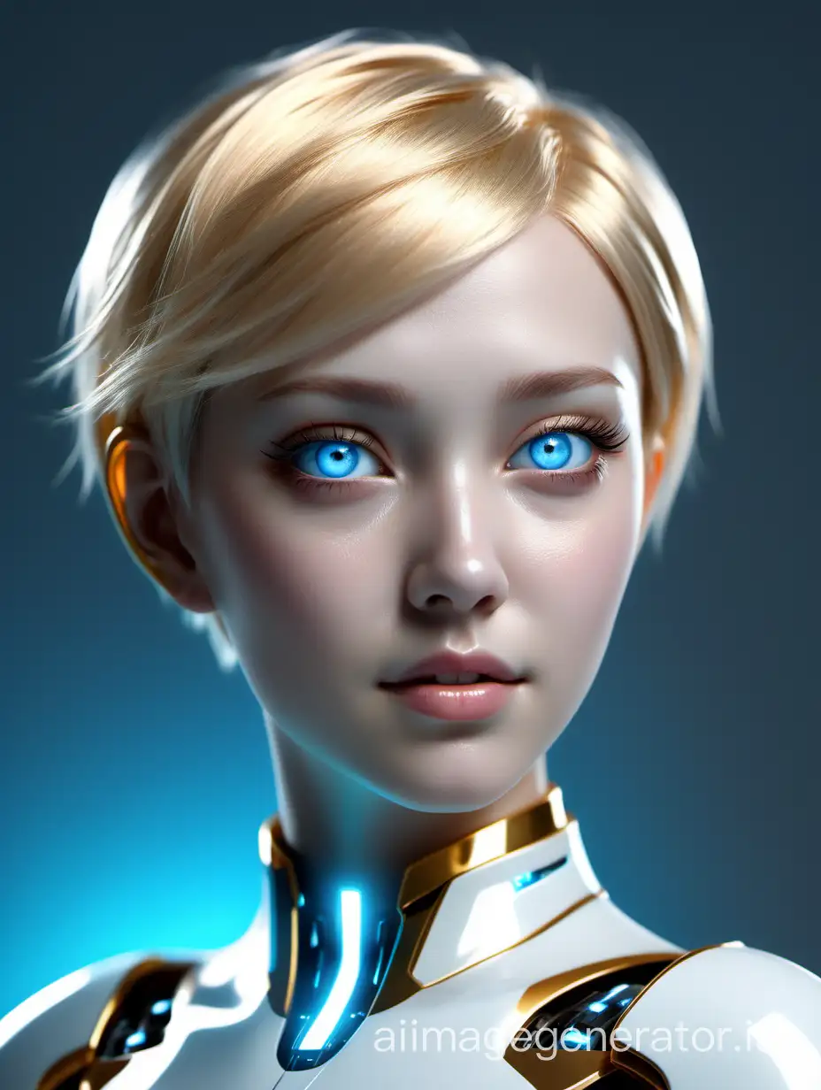 虚拟未来世界并具有科技氛围的环境，人物具有硅材料那样的纹理皮肤，漂亮且智慧的女性，蓝色的眼晴与金色短发