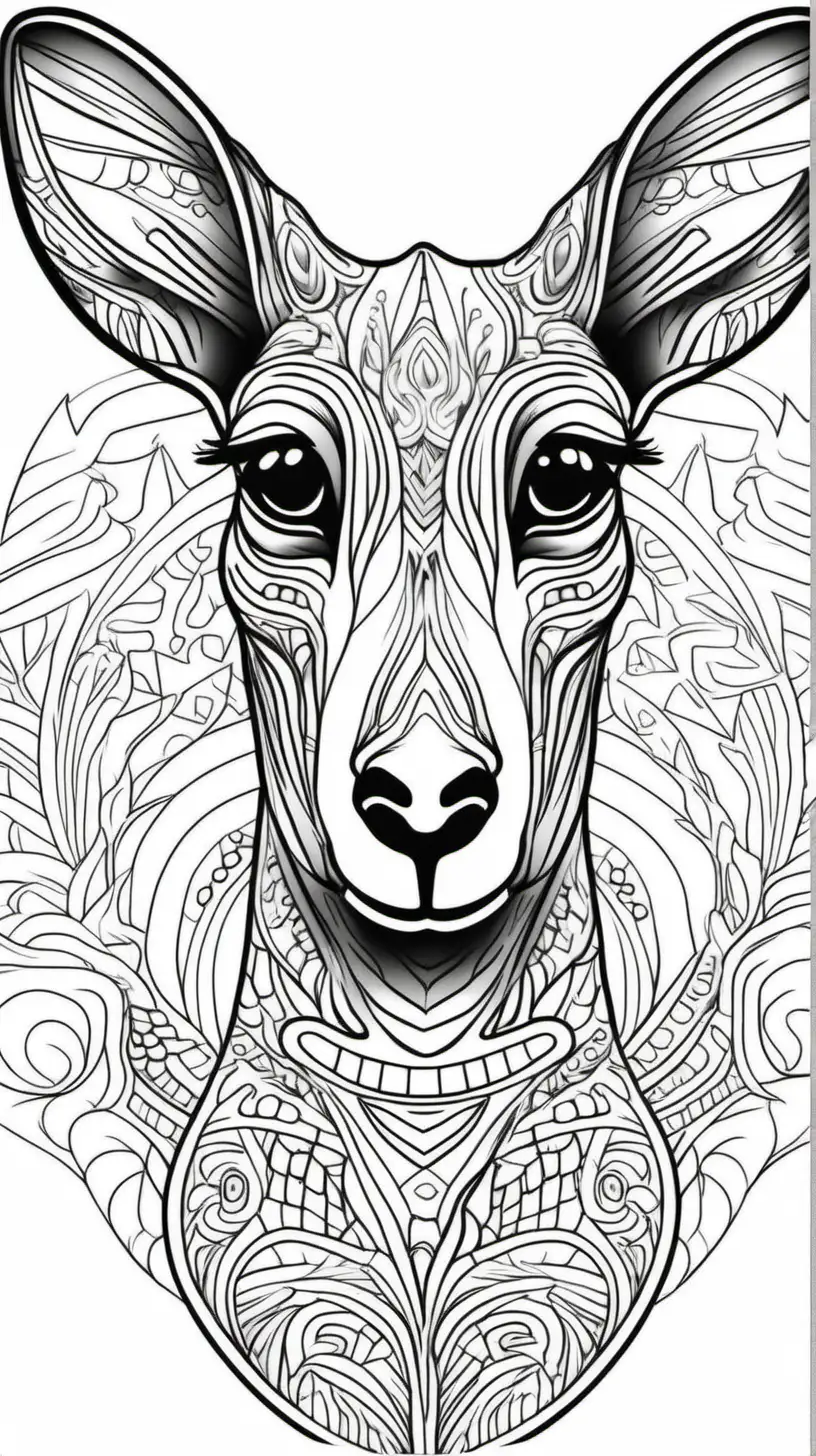 coloring page for adults, kangaroo face, clean outline, no shade, no shadow 