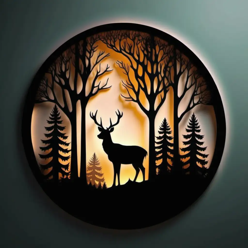 multilayer design for laser cut, simple, deer silhouette, put the cloud and forest in this deer silhouette while sunsetting