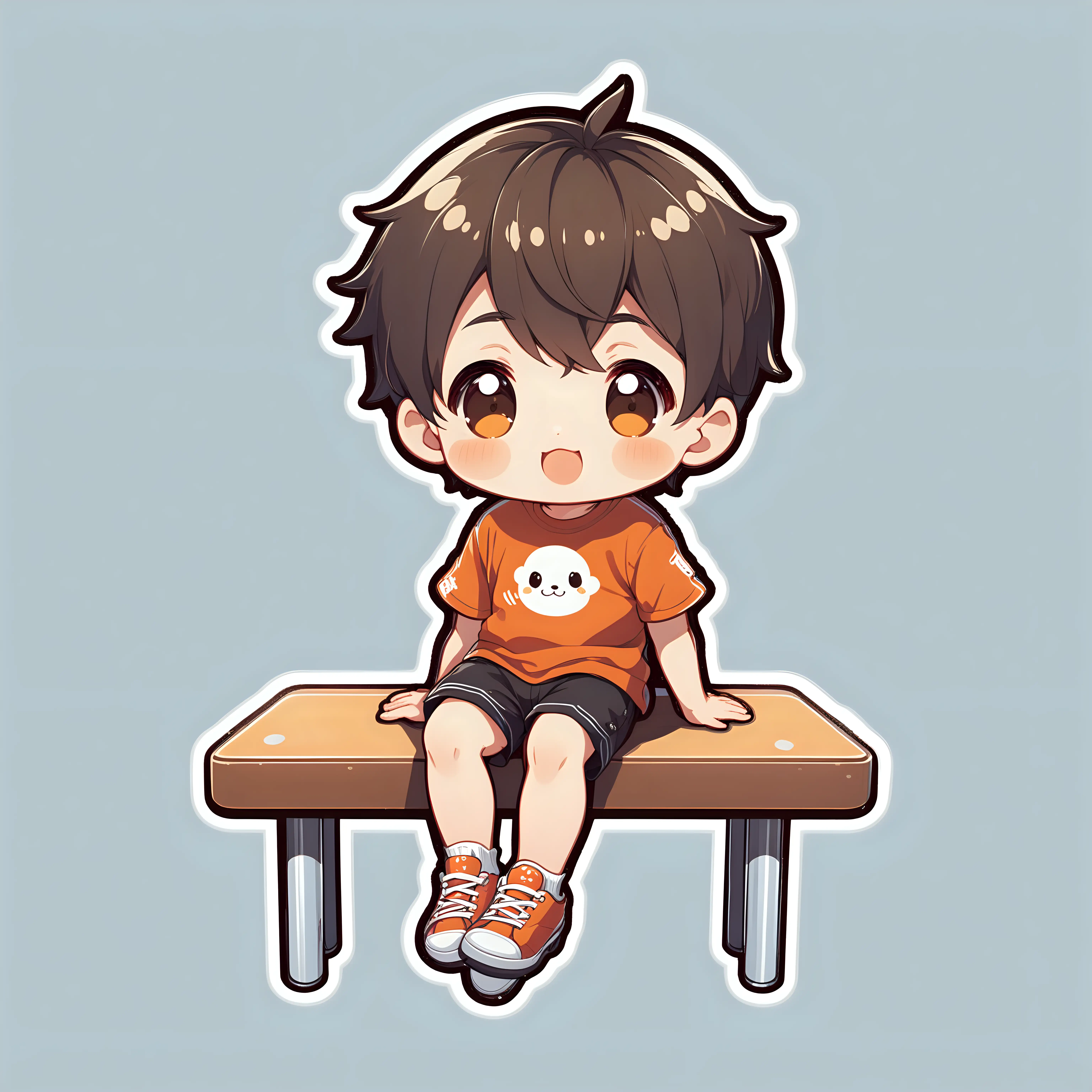 Cute boy sitting on table, sticker, full body, white line, white background.