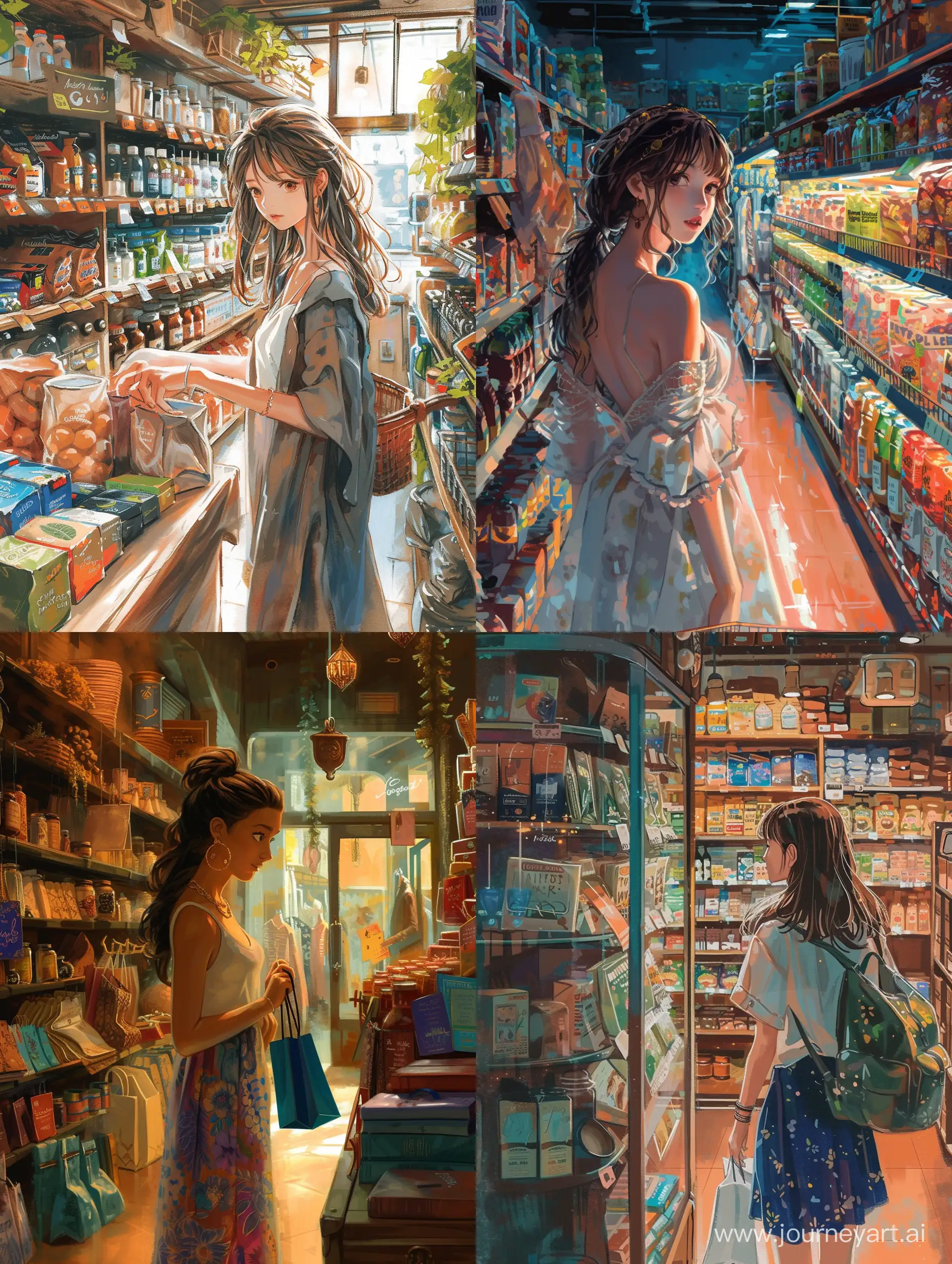A beautiful girl is shopping in the store, lots of shelves and beauty, a book illustration, beautiful art, exquisite --v 6 --ar 3:4 --no 20262