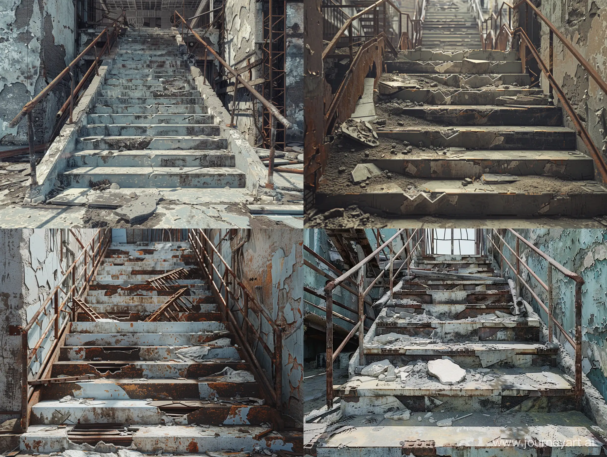 Front view. a lot and long broken concrete steps on the stairs, pieces of ruins, protruding fittings and steel frames. construction junk. peeling walls. the parts are made of iron. A map of sprites. post-apocalypse, brutalism. 8k. photorealism, unreal engine