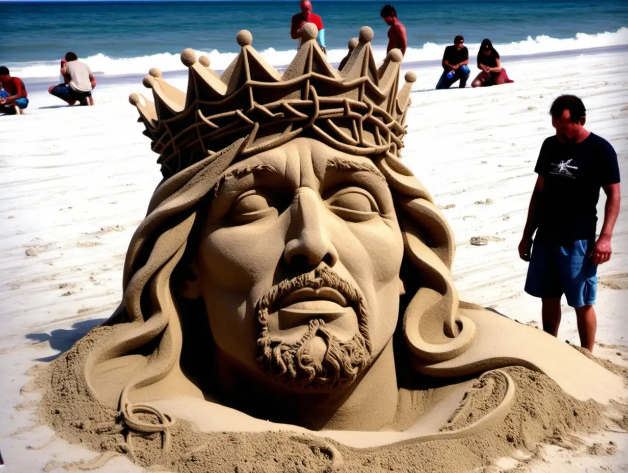 un uomomsulla spiaggia che sta terminando una scultura di sabbia raffigurante una viso di Cristo con la corona di spine, tutto fatto di sabbia.