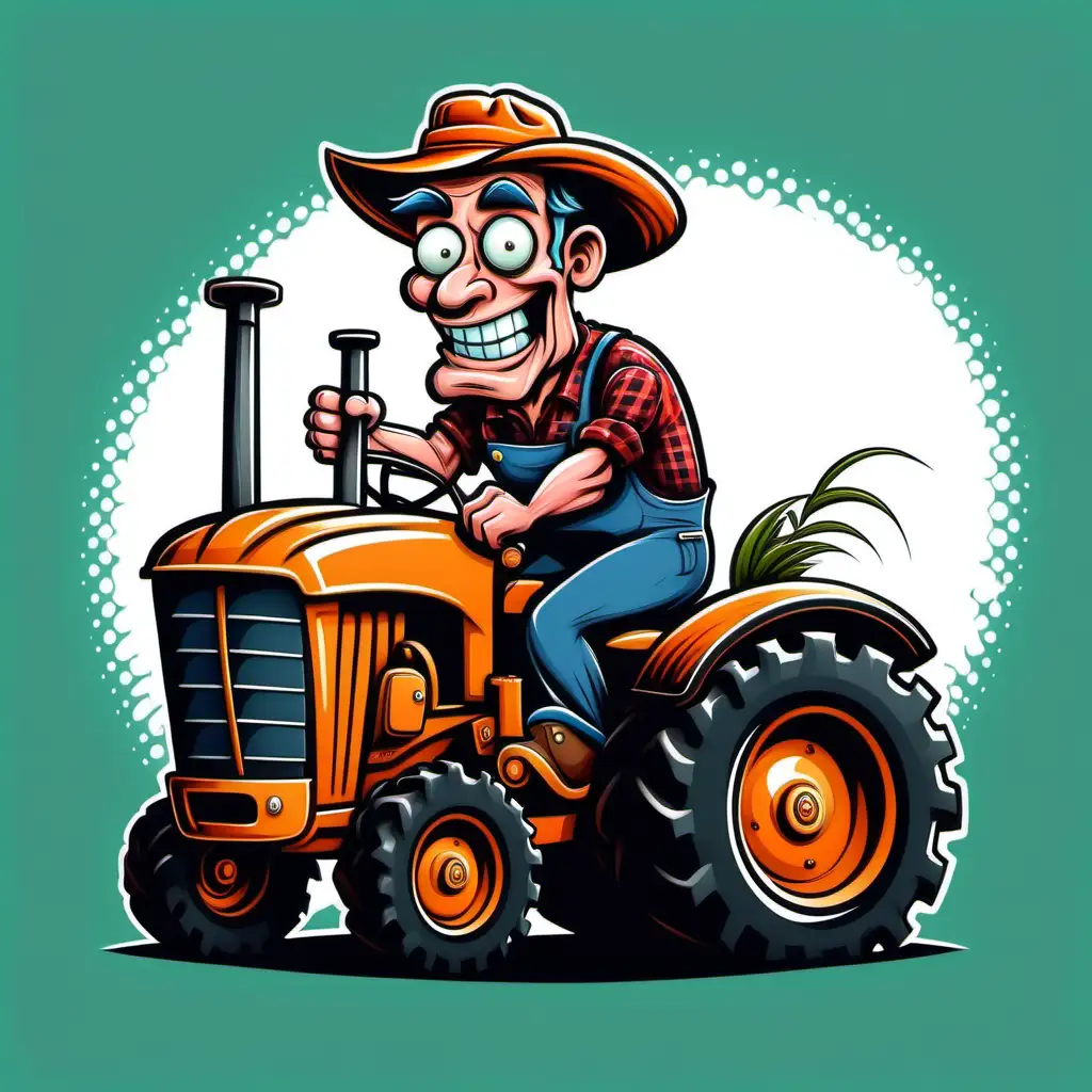 Crazy Looking Farmer Driving a Tractor Cartoon Style