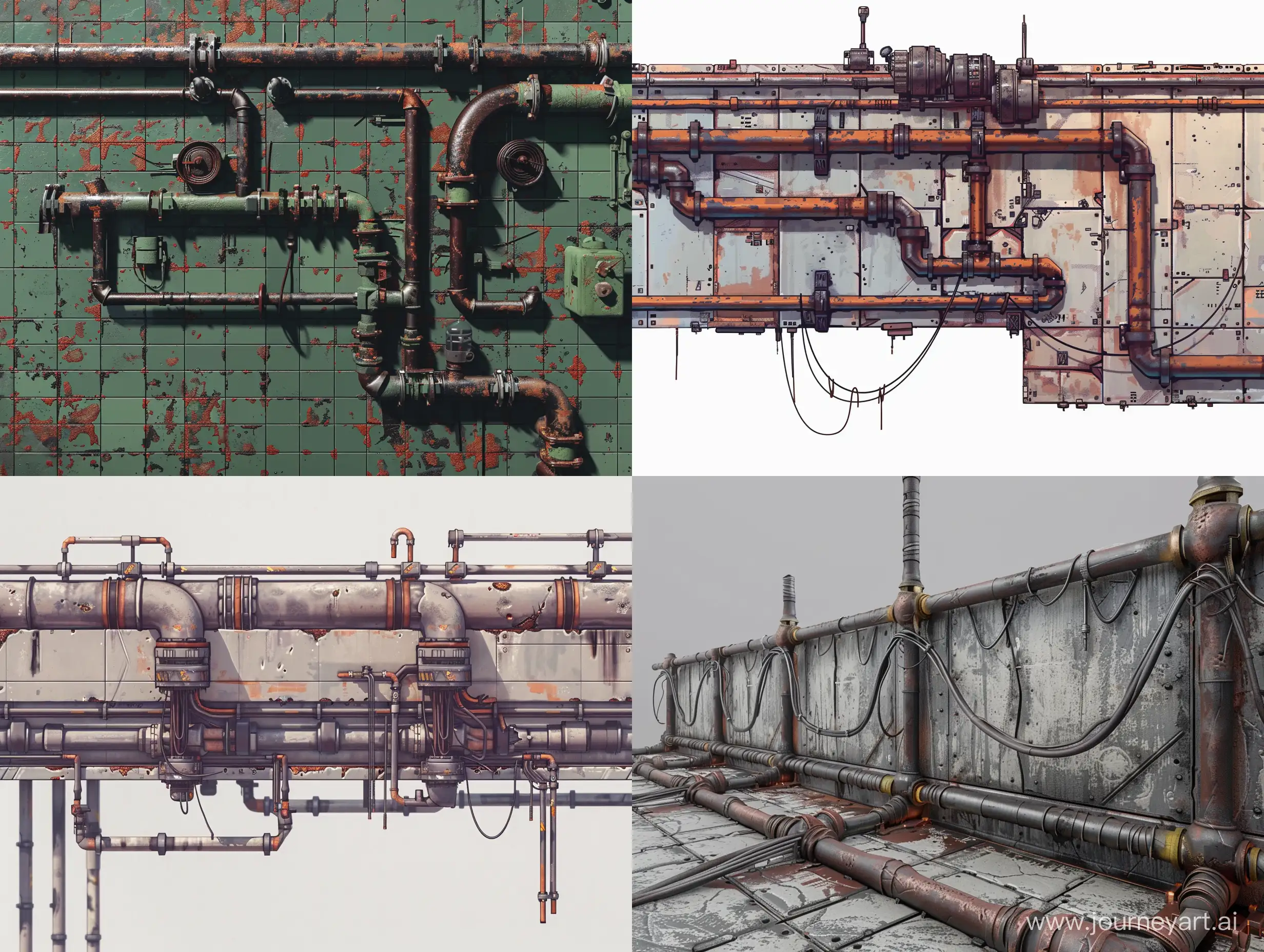 a tile set of sprites for 2d platformer. side view. thin and long pipes and cables are industrial. steel parts, wires. A map of sprites.minimalism. post-apocalypse, brutalism. 8k. photorealism, unreal engine