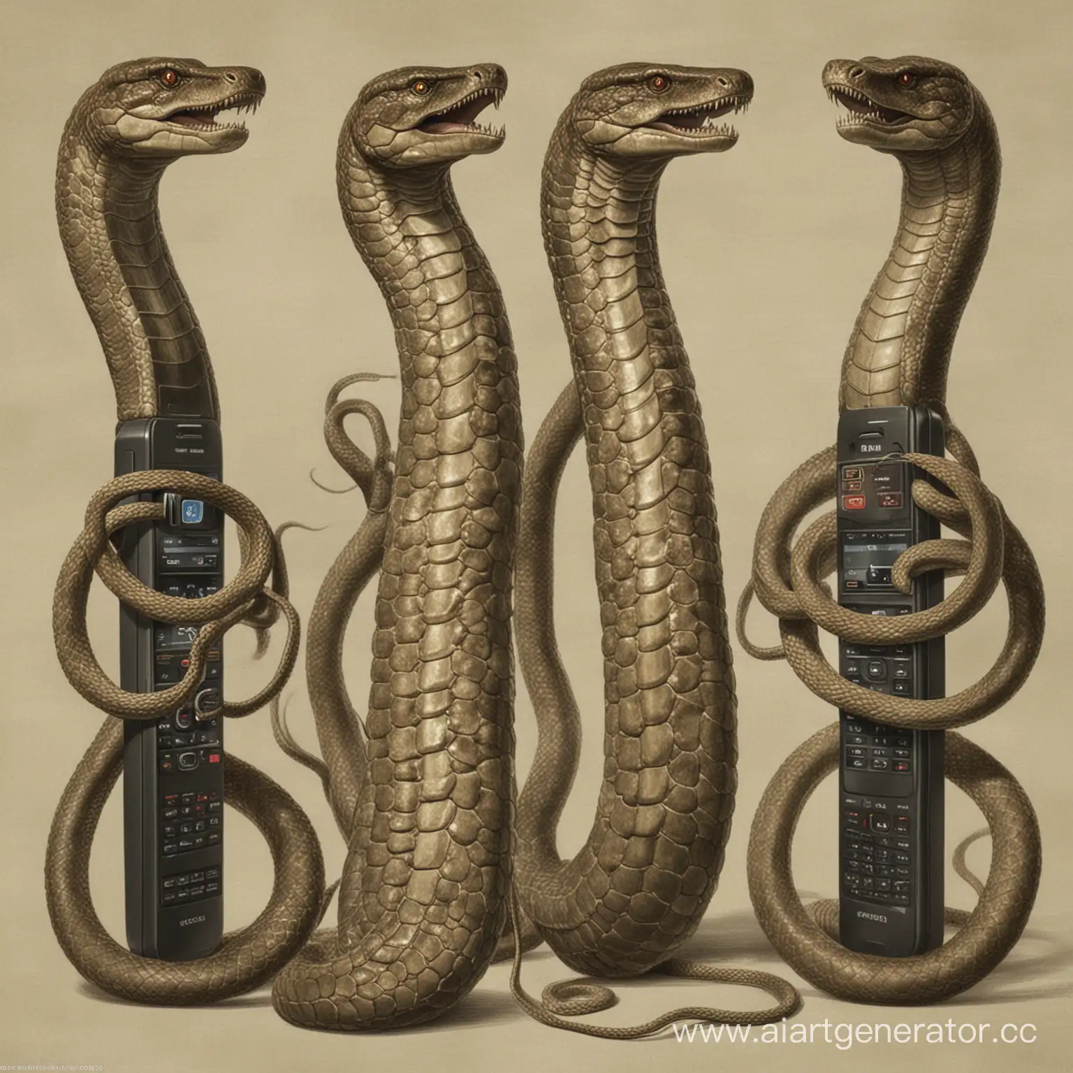 Hydra, with three heads, like a gorynych snake, in both hands the phones they use to call Russia
