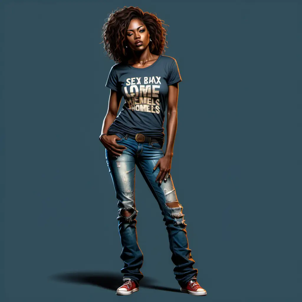 full body shot sexy  african american  homeless woman wearing tee shirt and jeans
standing   illustration semi realistic in color