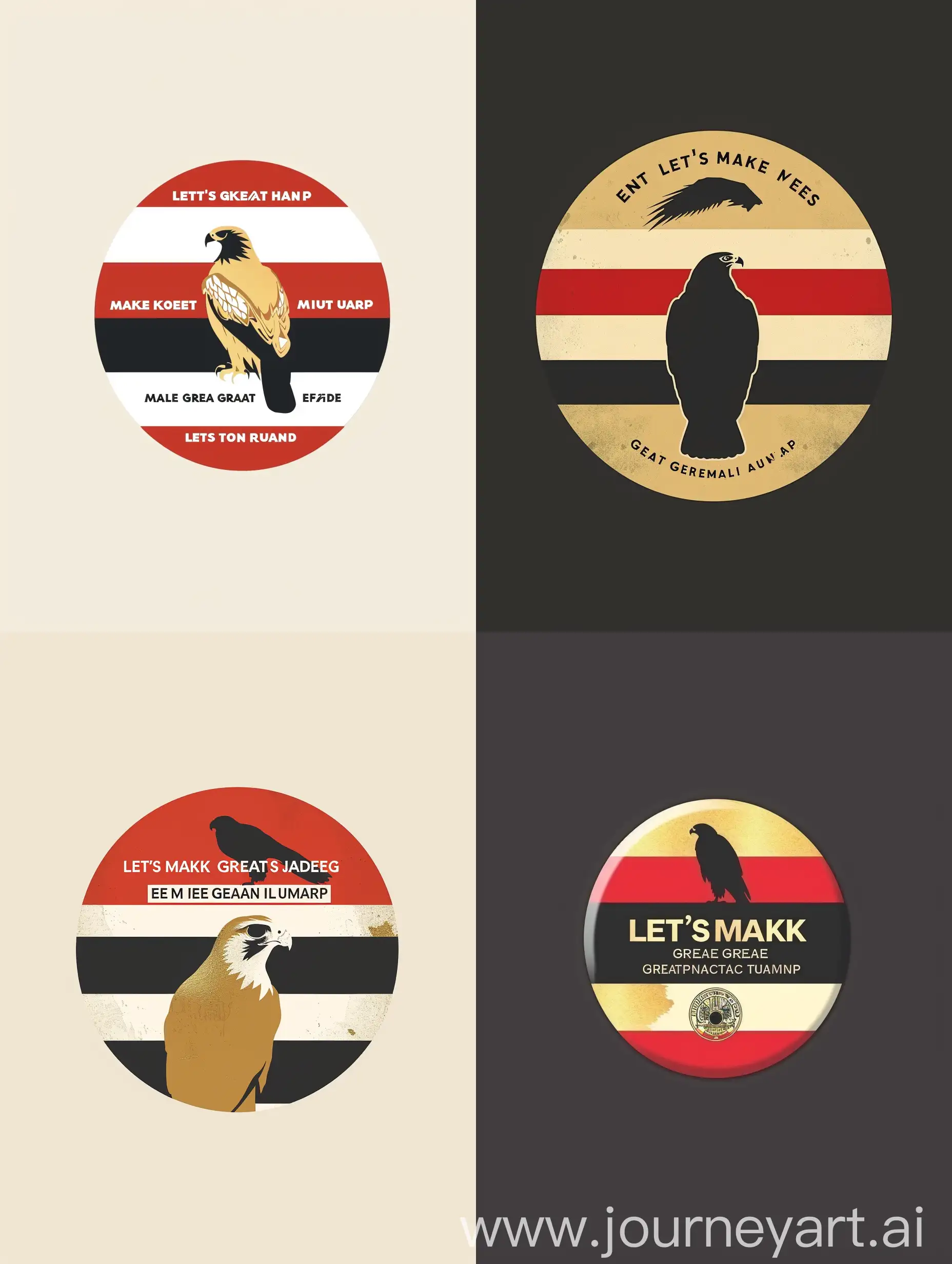generate me a logo as these instructions:
Text:

    Top line: Let's
    Middle line: Make
    Bottom line: Egypt Great Again

Design:

    Circle button with three horizontal stripes of red, white, and black referencing the Egyptian flag.
    A silhouette of a golden hawk or falcon (similar to the one on the Egyptian flag) centered above the text.