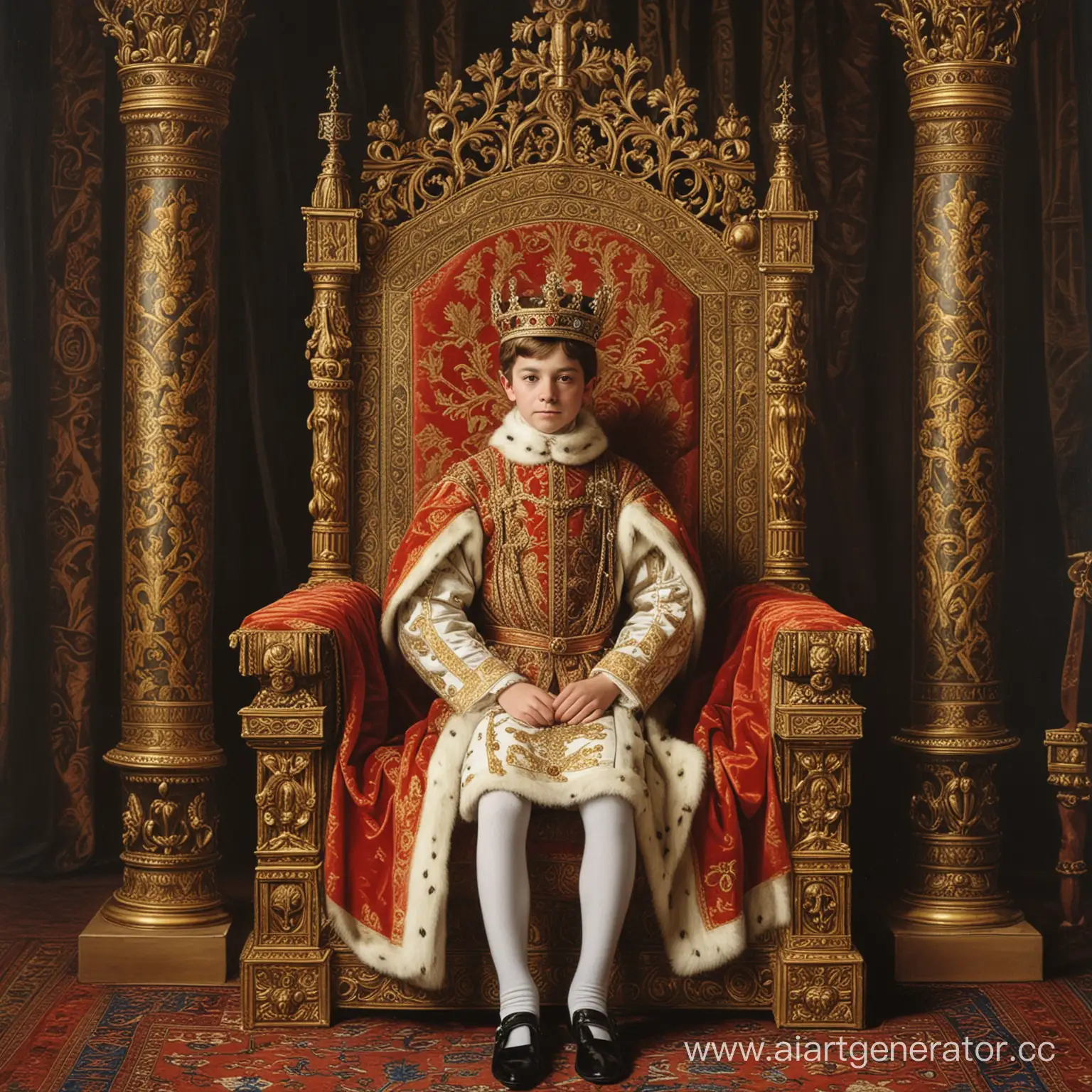 12 летний король Англии Габриэль сидит на троне в тронном зале в 16 веке