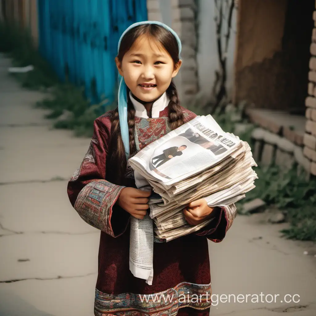 Маленькая девочка казахской внешности, лет 10, в старой одежде раздает газету