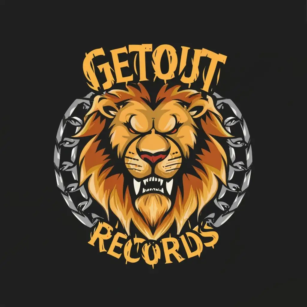 logo, broken chain, lion, with the text "GetOut Records", typography, be used in Entertainment industry