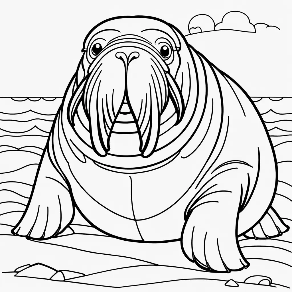 imagine a coloring page kids ages 8-12 featuring a  Walrus ,cartoon style, thick bold lines, low detail. no shading --ar 9:11