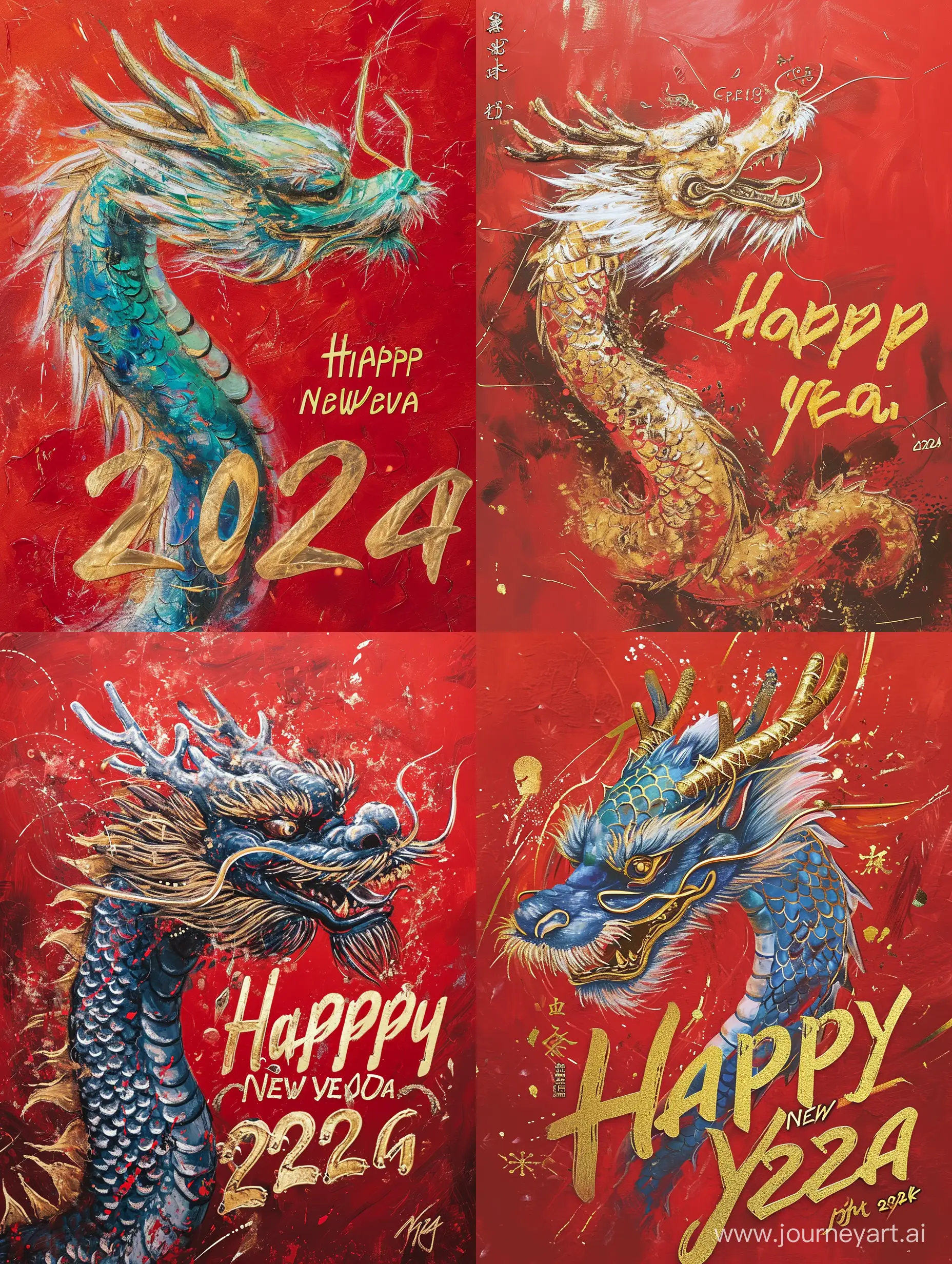 /imagine
On a red background, a Chinese dragon is painted and "Happy New Year" is written in gold.
"2024" is written in gold in the lower right corner.
--ar 3:4 --v 6.0