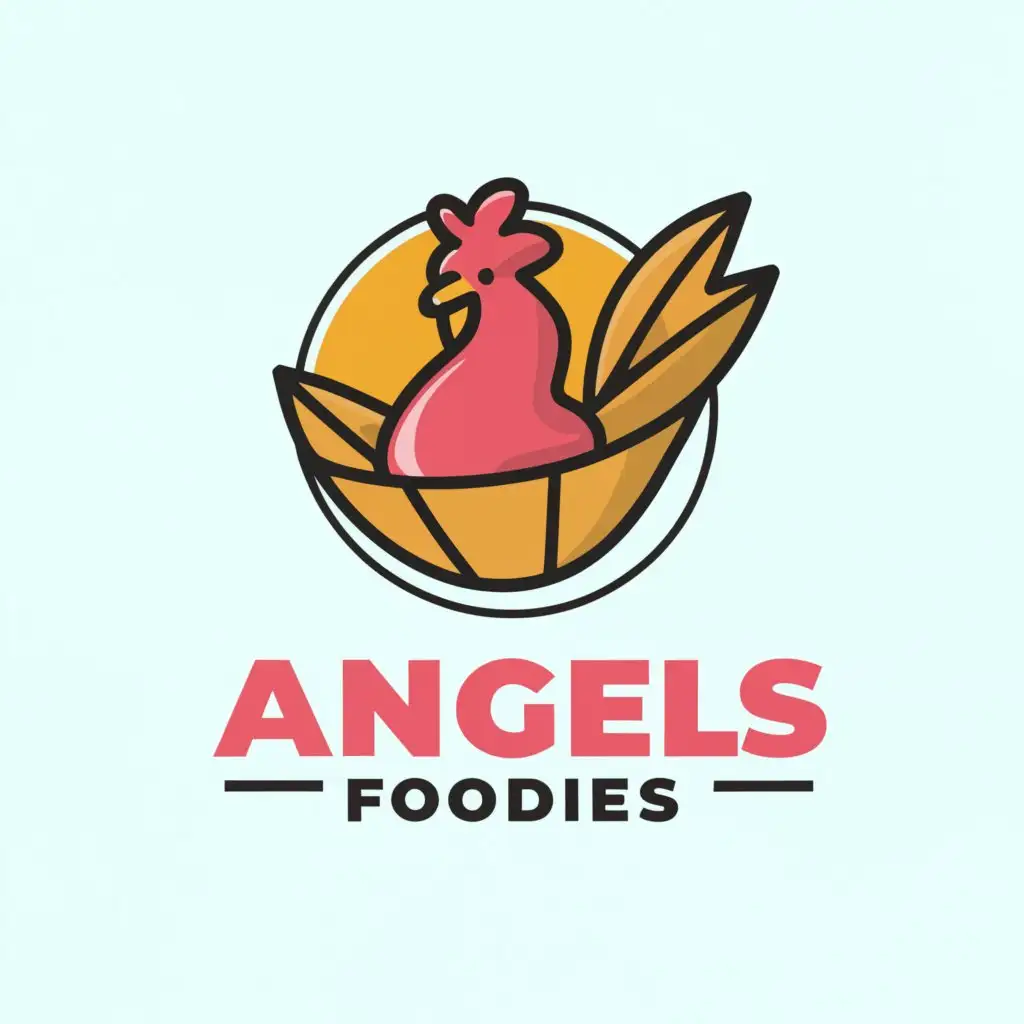 a logo design,with the text "Angels Foodies", main symbol:Logo Name

Logo Symbol: leaves, insiide the circle logo, rectangular , filling inside with chicken pastil or shredded chicken in banana, dont put name in the center, emphasize more the product
,Moderate,be used in Restaurant industry,clear background