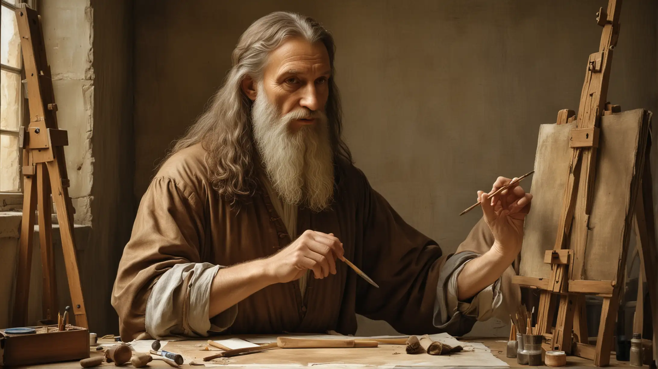 Create an image of Leonardo da Vinci in his studio working on a painting.  
