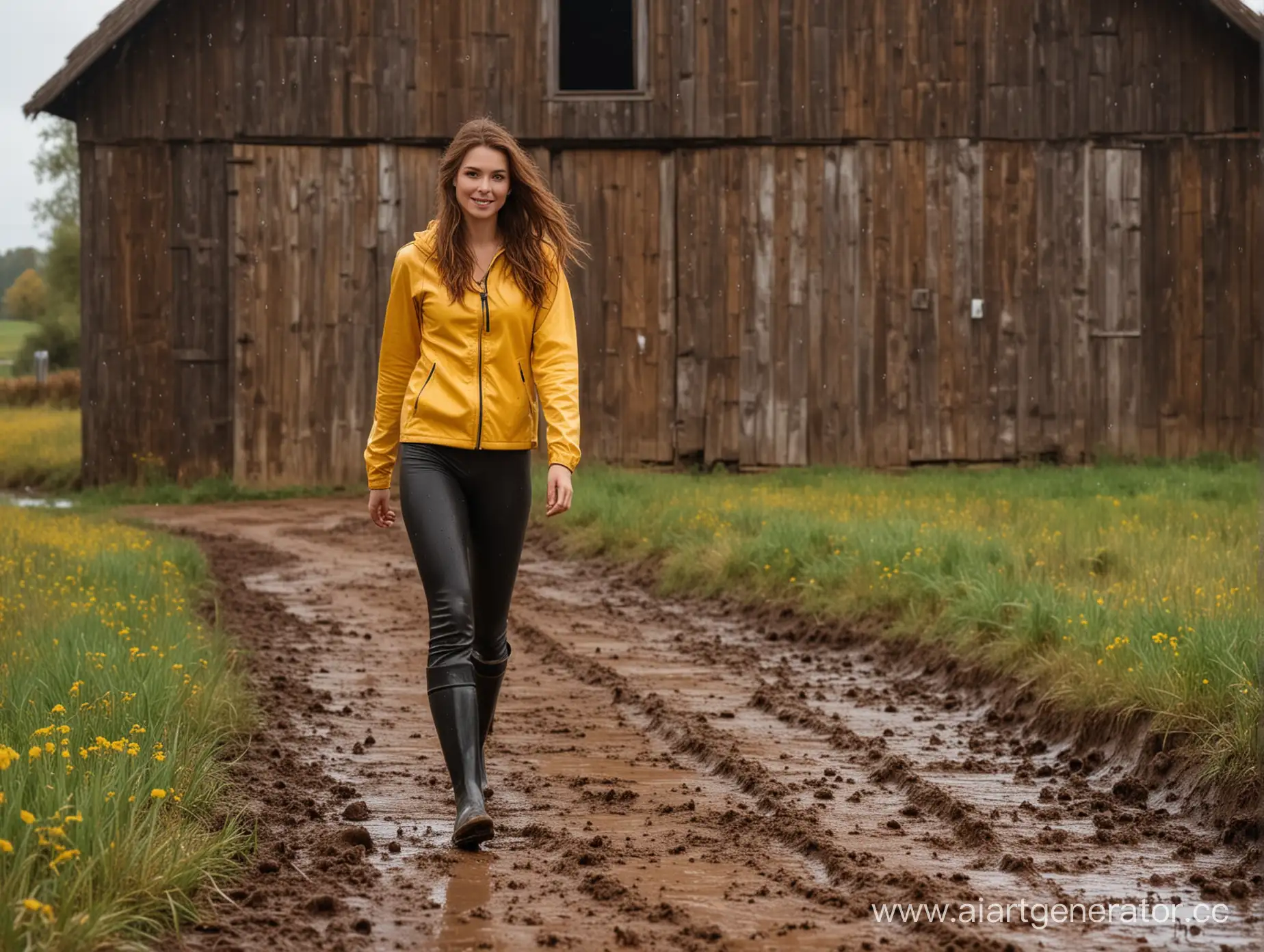 Joyful-Young-Woman-Enjoying-Rainy-Day-Mud-Play-by-Old-Barn