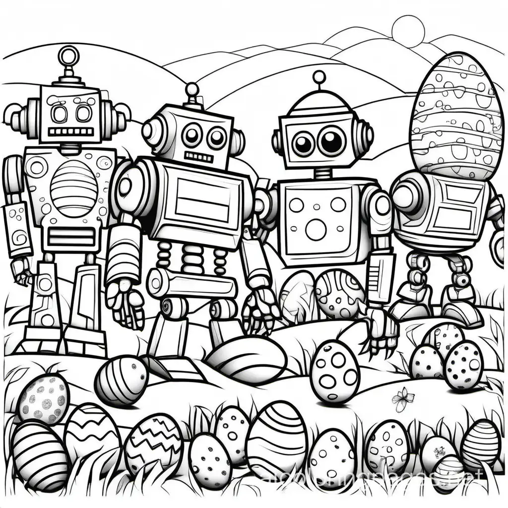 Robots looking for easter eggs, Coloring Page, black and white, line art, white background, Simplicity, Ample White Space. The background of the coloring page is plain white to make it easy for young children to color within the lines. The outlines of all the subjects are easy to distinguish, making it simple for kids to color without too much difficulty