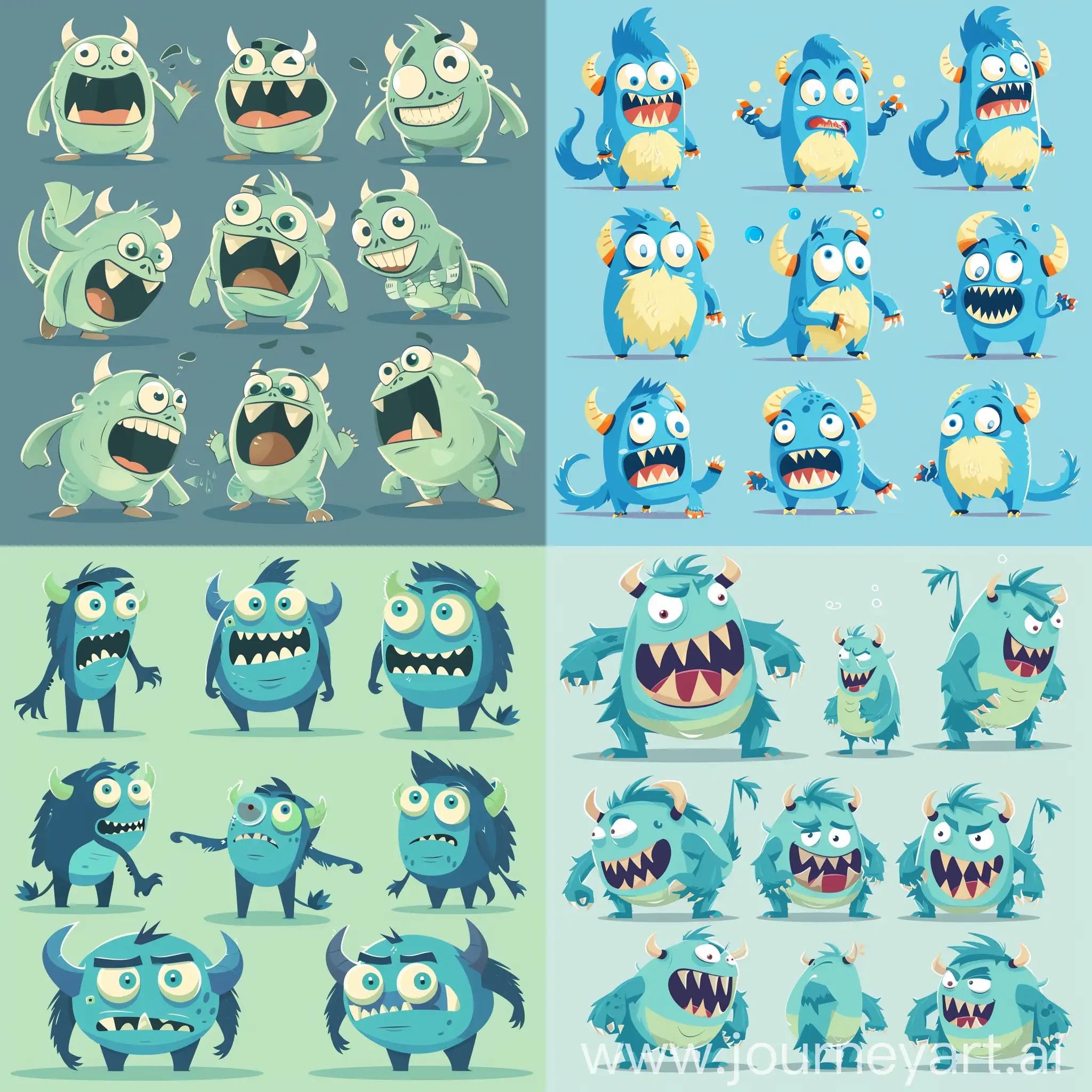 cartoon cute monsters, multiple poses and expressions, in high quality flat style