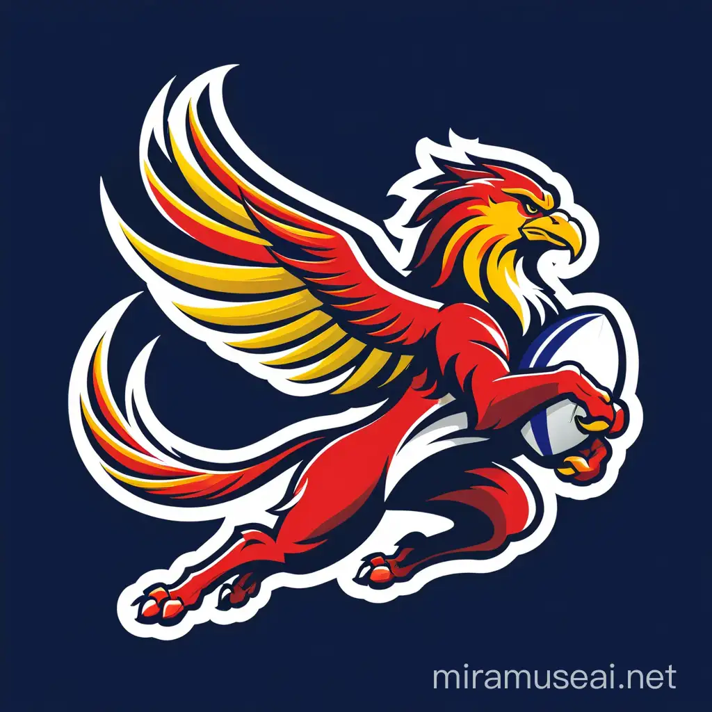 Dynamic Griffin Rugby Logo with Red and Yellow Feathers