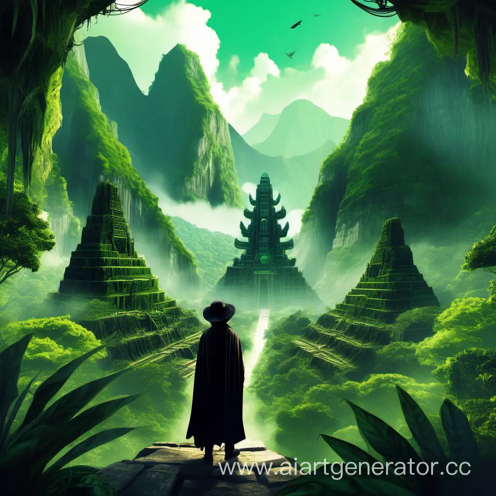 In the foreground, a traveler in a black cloak and black hat, surrounded by jungles, with a canyon ahead, behind it a huge green mountain, and in the mountain stands an ancient abandoned temple.
