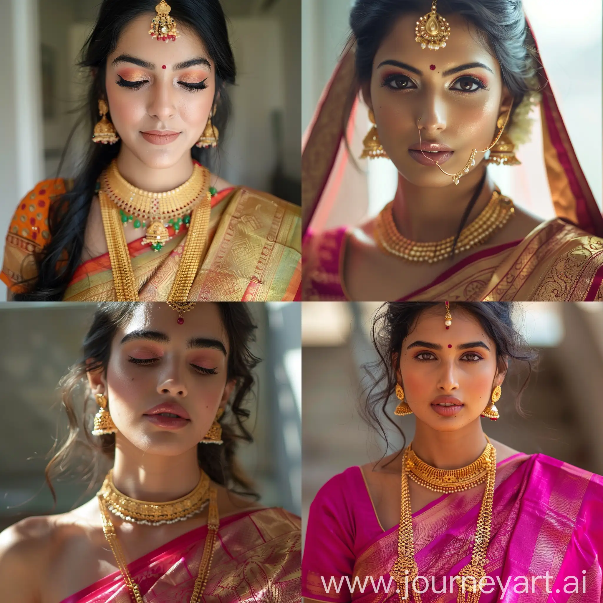 indian women in traditional saree, makeup , closeup look 