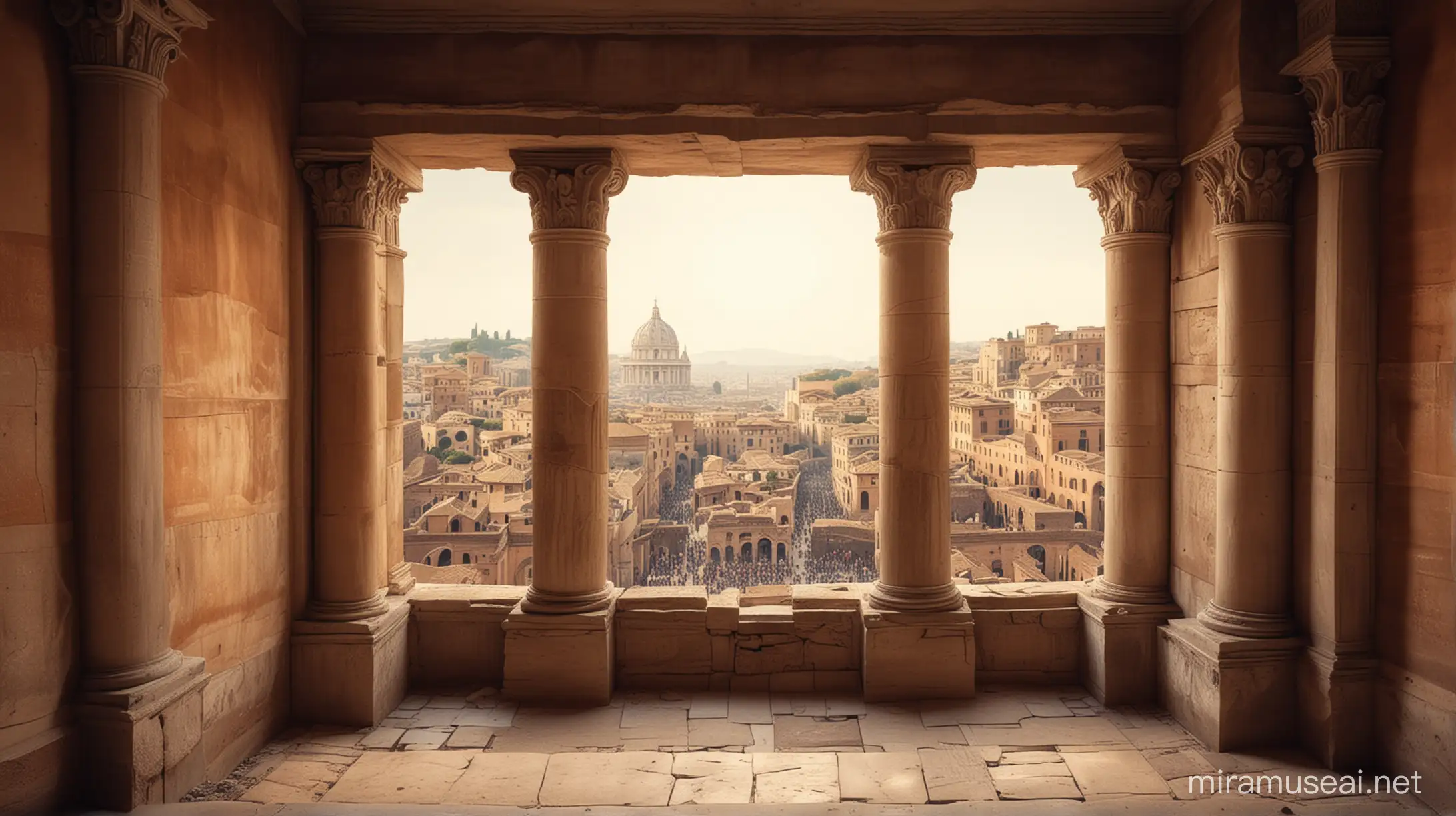 Ancient Rome background, inside ludis looking out opening, afternoon lighting, soft vignette,