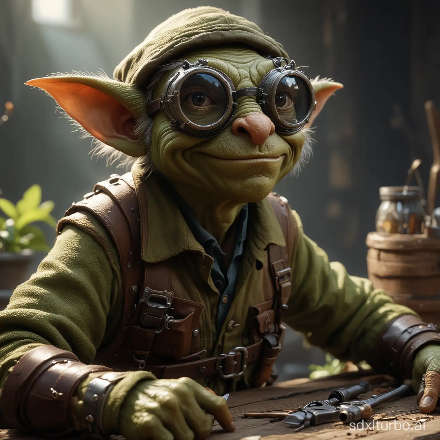 Masterpiece, best quality, 8k, professional, created by a famous artist, popular on artstation, intricate details, realism, bokeh, photo-realism, shadows, natural light, dramatic, source of realism, zPDXL, Gazlowe-Goblin Tinker, a clever and creative goblin engineer, wearing goggles and a tool belt.