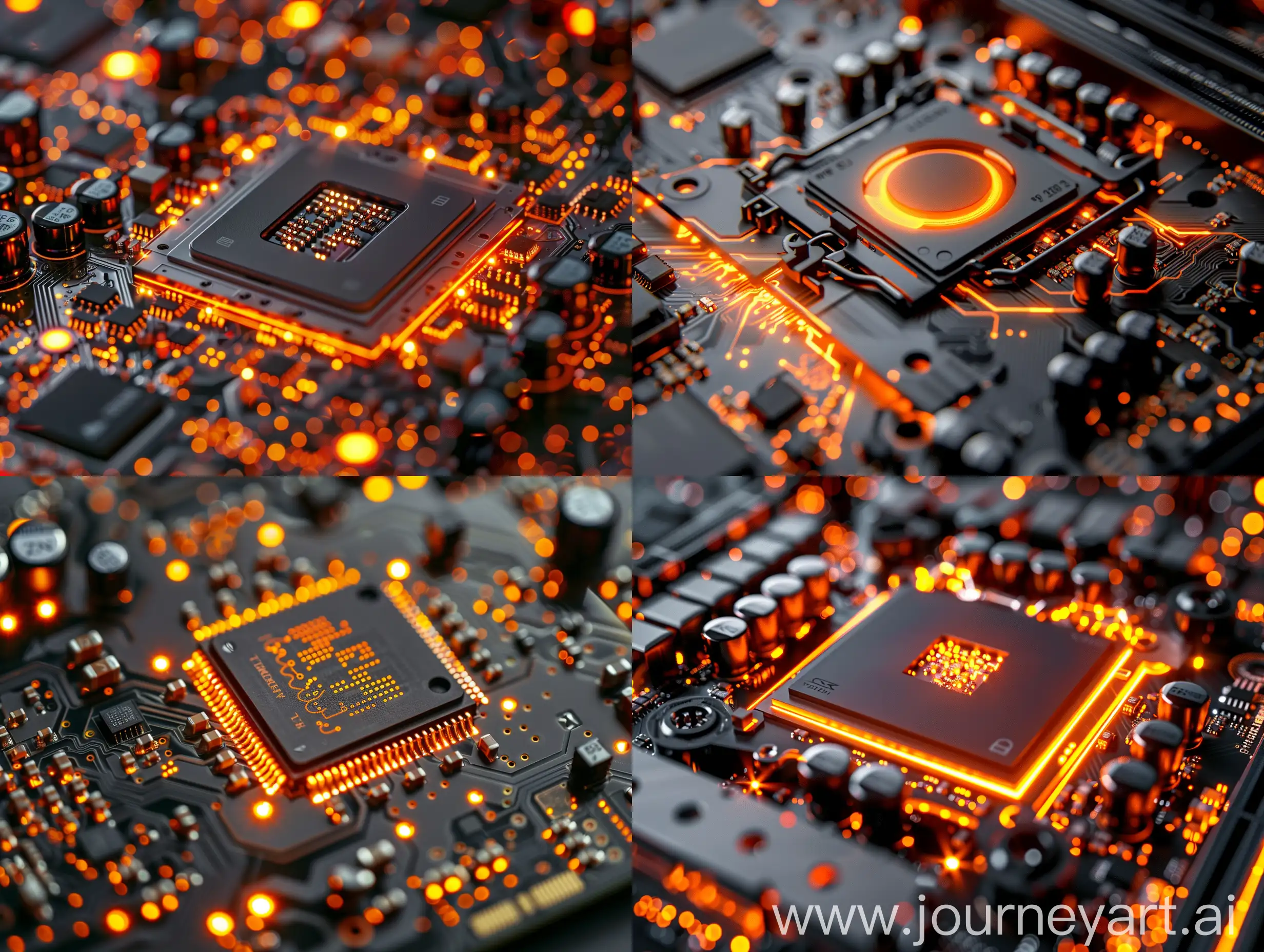 Close-up shot of GPU chip lights up orange, Image of Lighting-powered ai Chip, Extremely high detail --ar 4:3 --s 250 --style raw --v 6 
