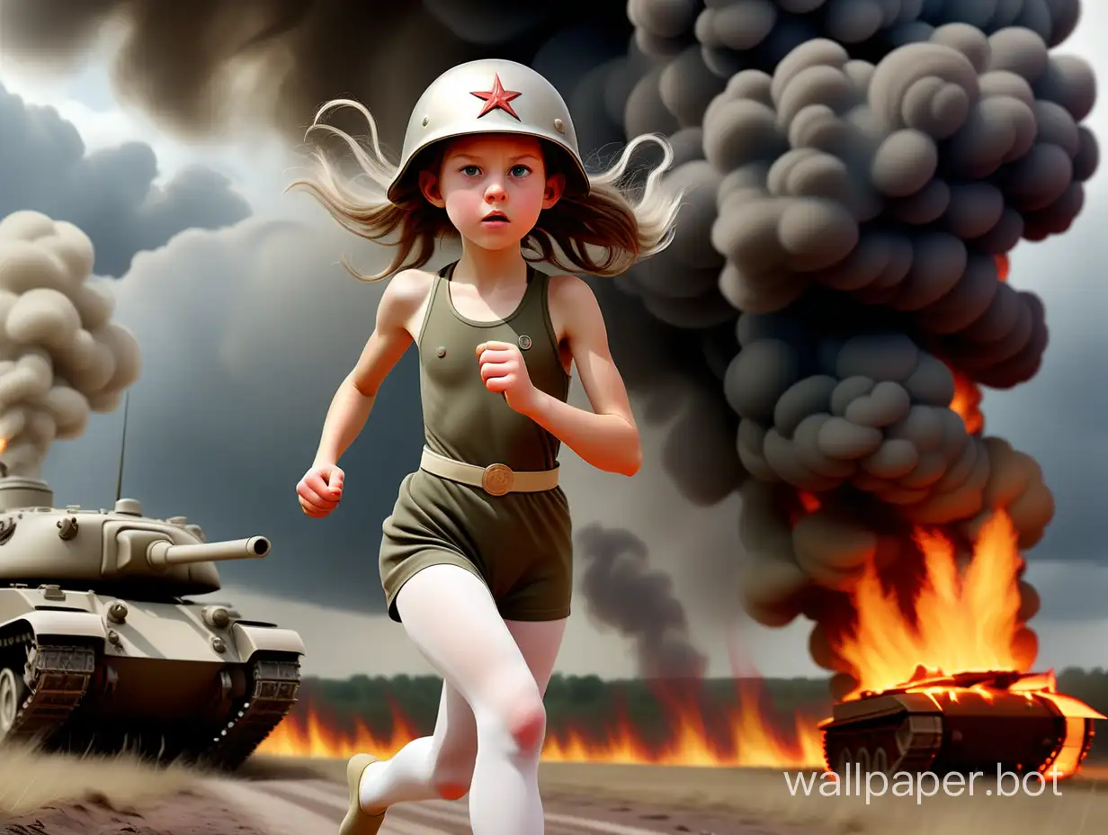 An 11-year-old English girl, a nudist with medals, in white tights, runs towards the battlefield with smoke and fire under a stormy sky, wearing a military helmet next to a burning tank.