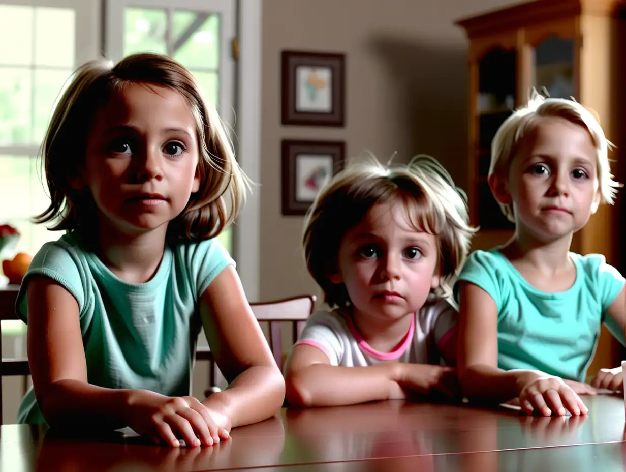 Two young children are sitting at a table. In the background is their mom. no key words. 