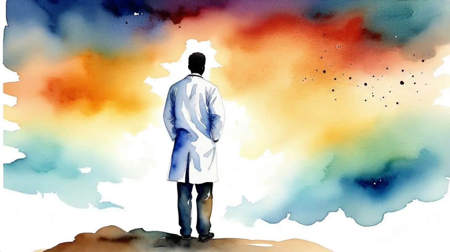 Vibrant Watercolor Portrait of a Serene Black Doctor Against a Colorful Sky