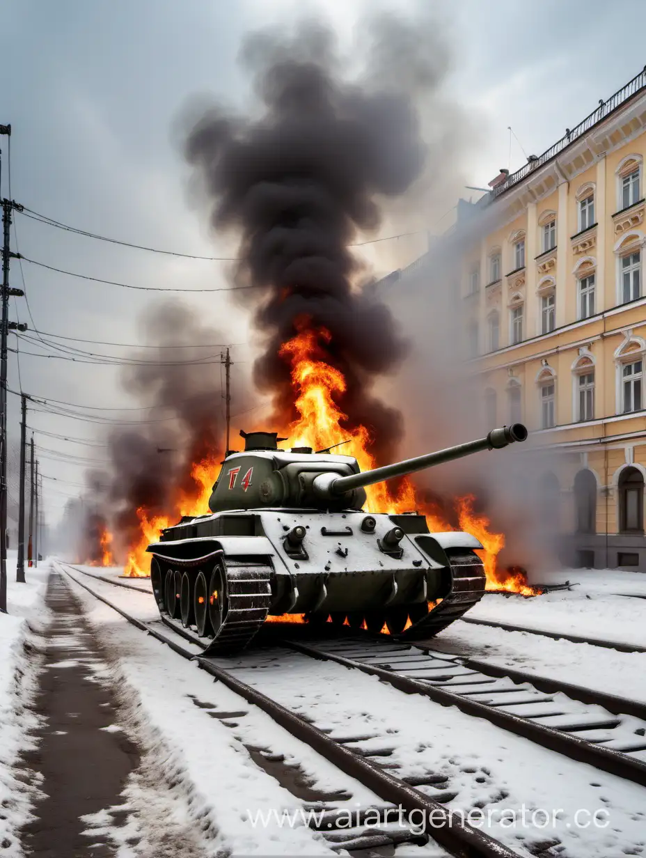 An old Russian T-34 tank with burning tracks on a deserted daytime street. The sky is grey with clouds. There is a drain grate under the tank photo