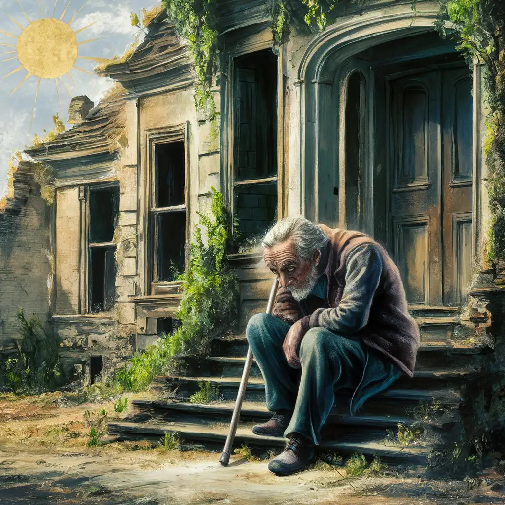 رجل بعجوز في يده جالس حزين عن سالم منزل قديم ينظر علي الأرض 