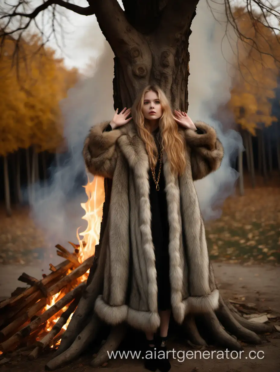 Captivating-Image-of-Elegantly-Cloaked-Woman-Bound-to-a-Tree-with-Fiery-Ambiance