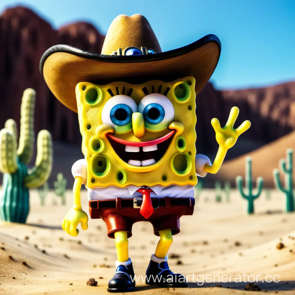 Губка боб в костюме ковбоя и шляпе в пустыне