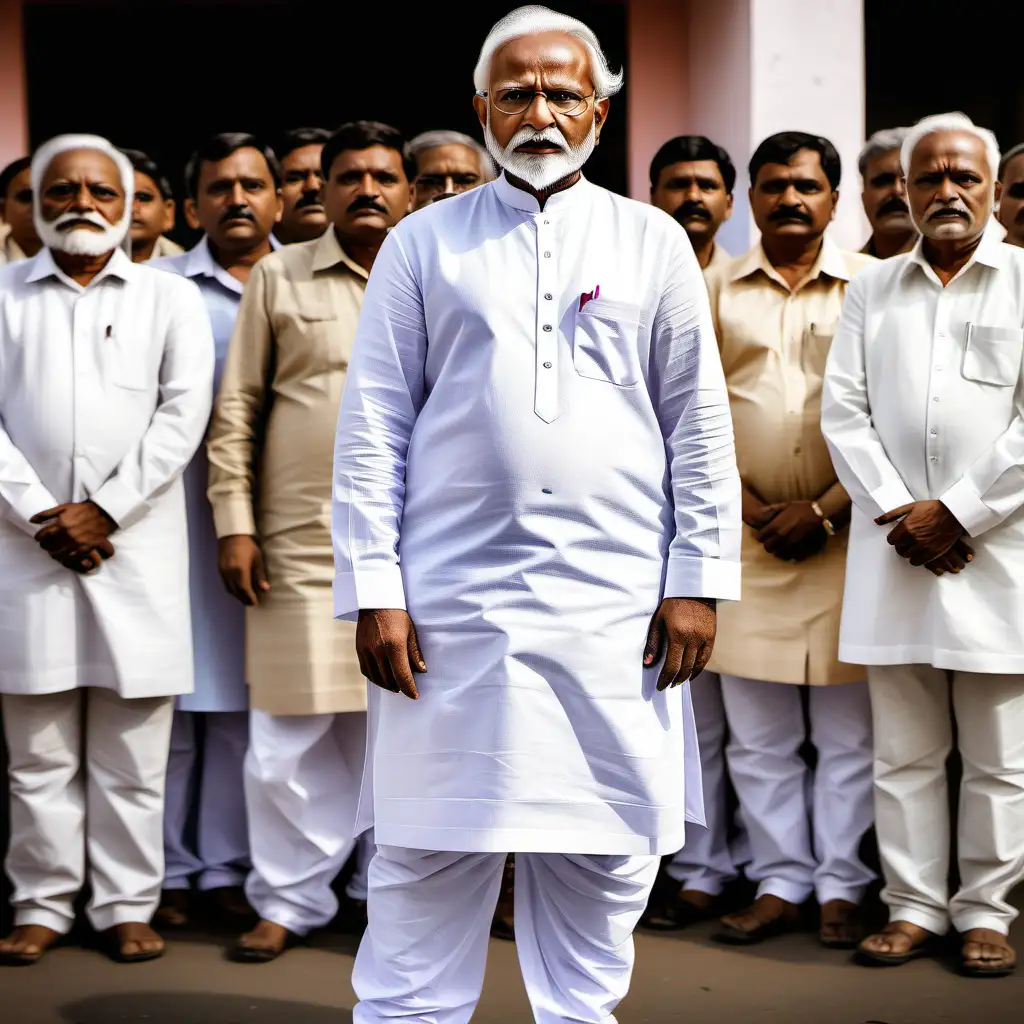 create a indian political person standing in white attire with people in the background with the person full standing image