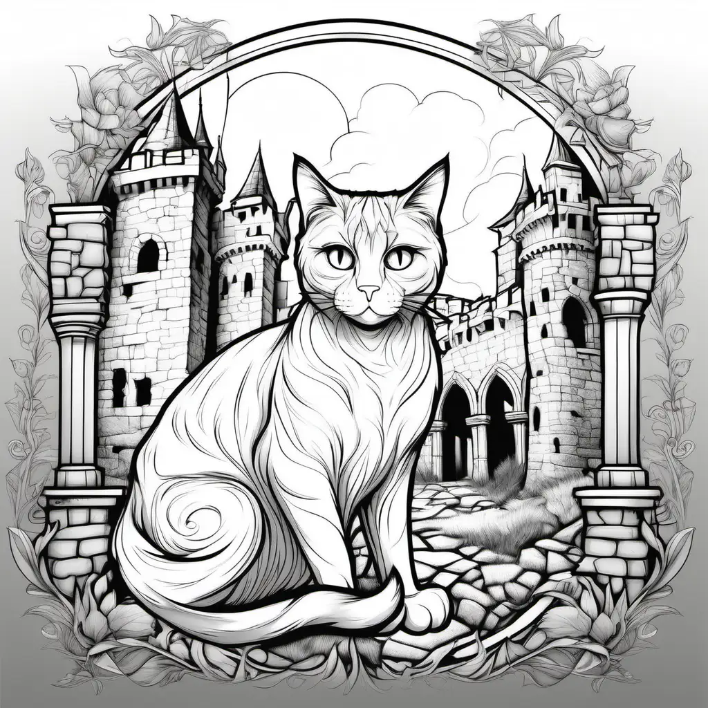 Intricate Adult Coloring Page Majestic Cat in Scottish Castle Ruins