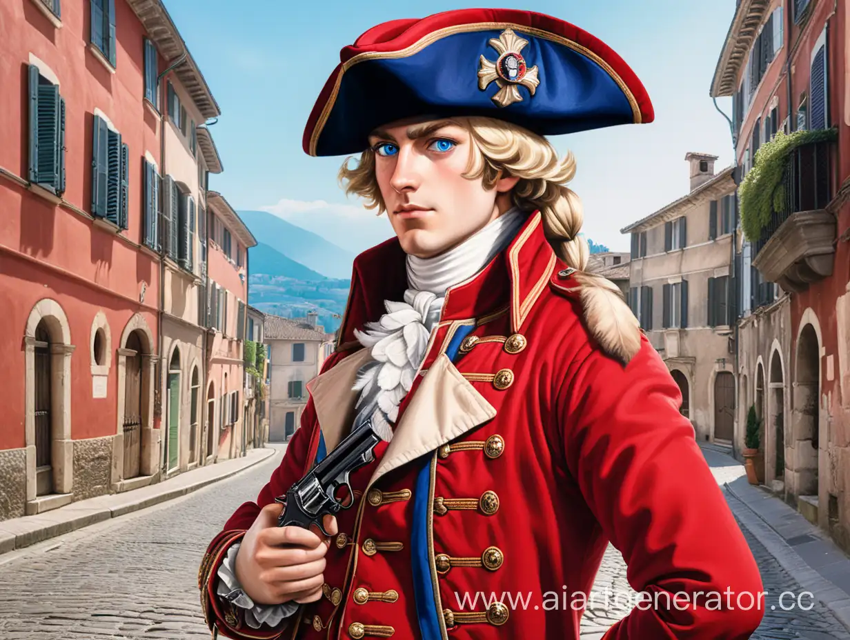 Elegant-18th-Century-Guardsman-with-Pistol-in-Old-Italian-Town