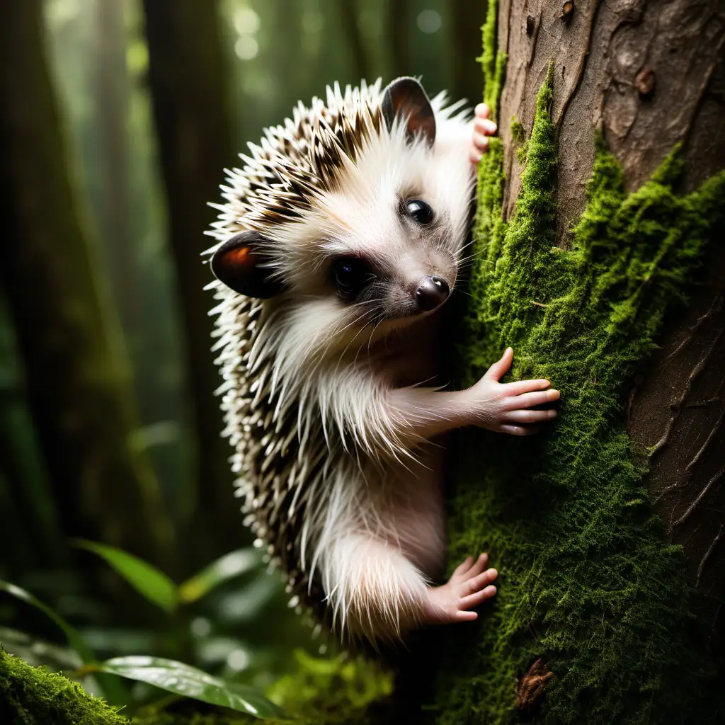 a hedgehog hugging a tree in a rainforest