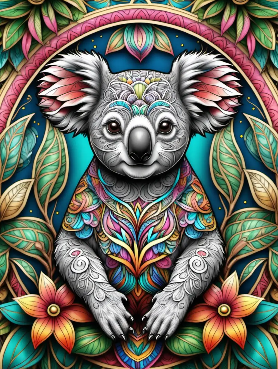 vivid color, adult coloring book, mandala koala, high detail, no shading


